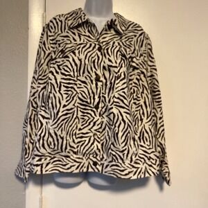 Carole Little Linen Shirt Jacket Size 2X Brown Animal Zebra Print Denim Trucker